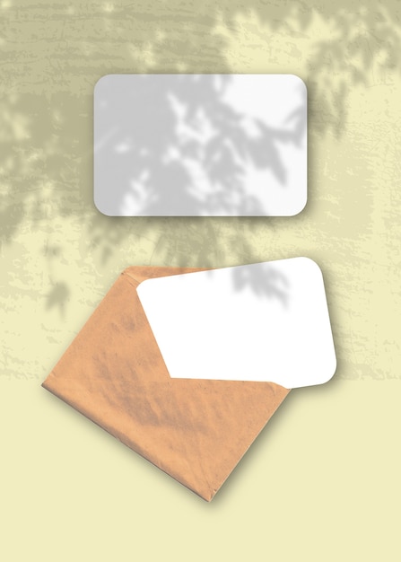 Foto um envelope com duas folhas de papel branco texturizado sobre o fundo amarelo mockup sobreposto com as sombras das plantas