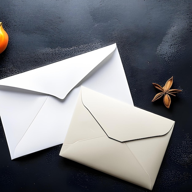 Um envelope e uma estrela laranja estão sobre uma mesa com uma estrela laranja.