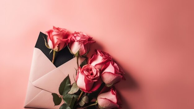 Um envelope rosa com rosas nele