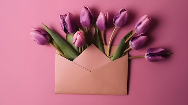 Um envelope rosa com tulipas roxas e um envelope rosa com a palavra tulipas.