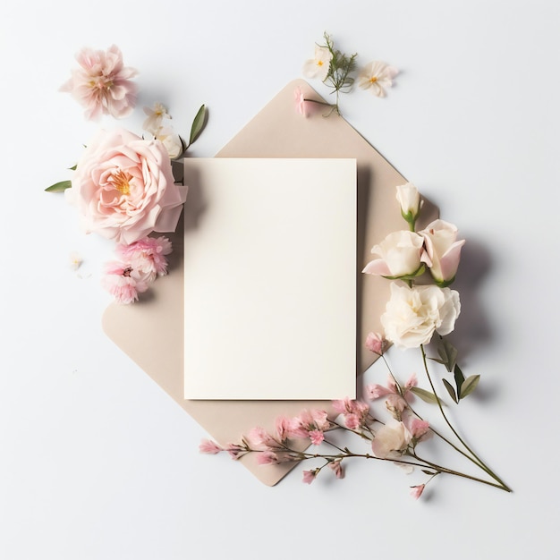 Um envelope rosa com um cartão branco e um cartão branco com flores cor de rosa.