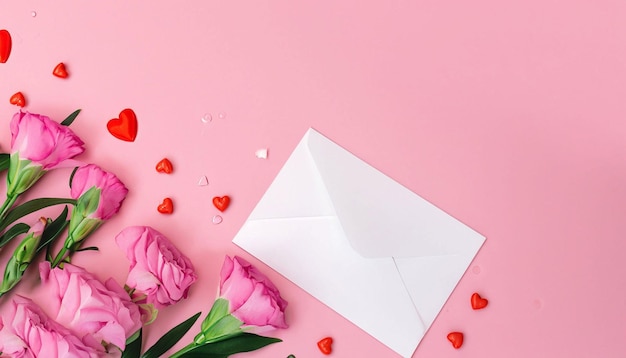 Um envelope rosa com um coração vermelho e uma carta com uma mensagem.