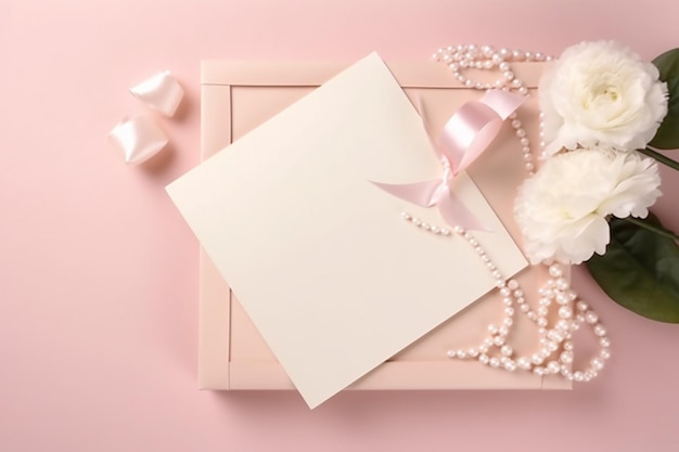 Um envelope rosa com um laço branco e um cartão branco com a palavra amor.