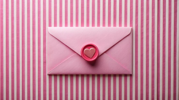 Foto um envelope rosa com um selo em forma de coração sobre um fundo listrado perfeito