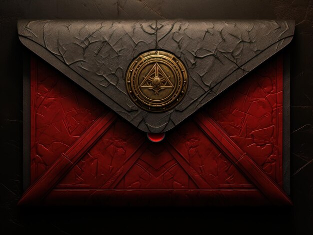 um envelope vermelho e preto com um emblema dourado