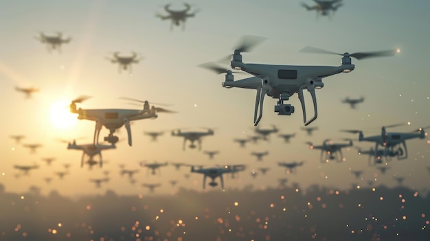 Um enxame de drones contra um pôr-do-sol sinalizando um sistema de vigilância ou de entrega de alta tecnologia