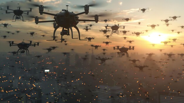 Foto um enxame de drones voa sobre uma cidade ao pôr-do-sol. os drones são de vários tamanhos e formas.