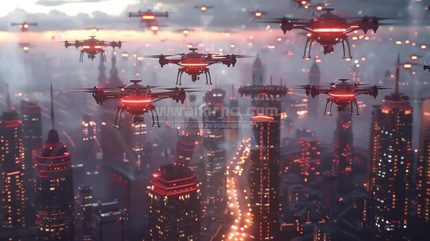 Um enxame de drones voa sobre uma cidade futurista