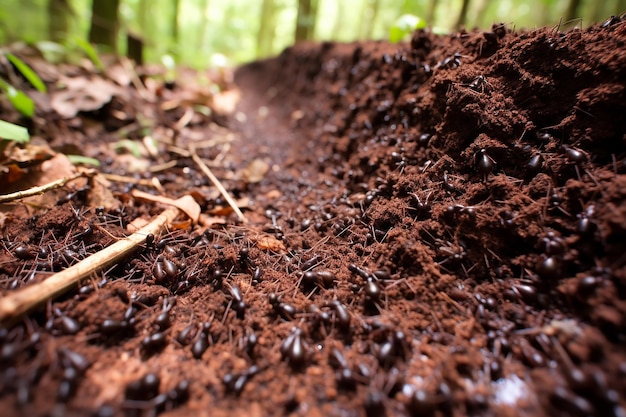 Um enxame de formigas transportando alimento em uma floresta