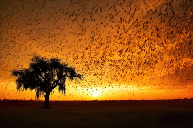 Foto um enxame de gafanhotos em silhueta contra um pôr-do-sol africano criado com ia generativa