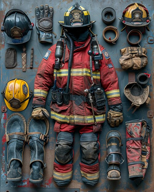 Foto um equipamento de comparecimento de bombeiros colocado no fundo