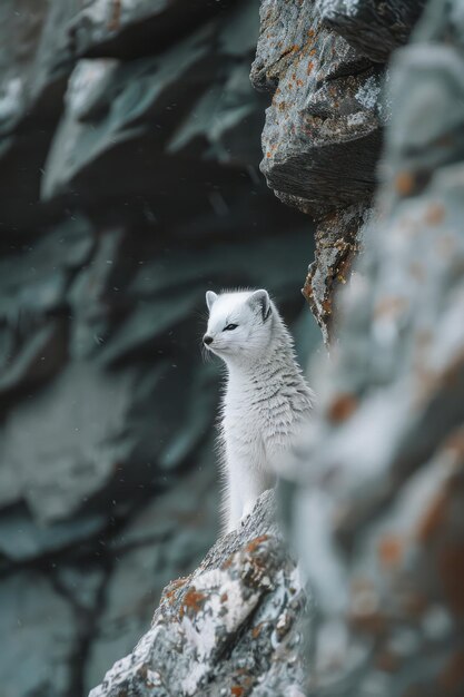 Foto um ermine em seu inverno branco caçando comida nas fendas das rochas