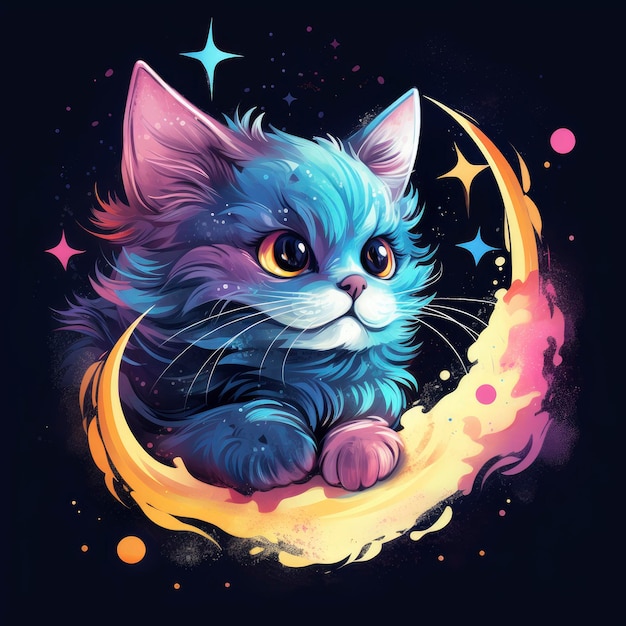 Um esboço de um gato colorido e uma lua