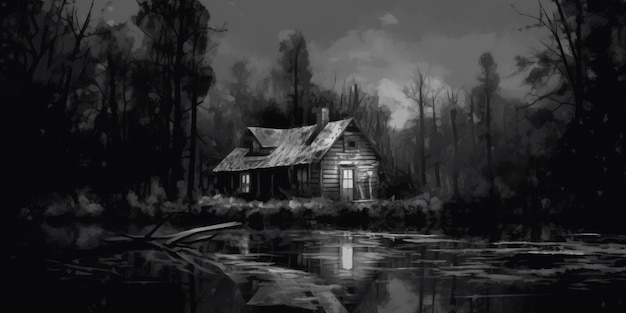 Um esboço de uma casa assombrada assustadora em um pântano feito à noite uma diferença marcante
