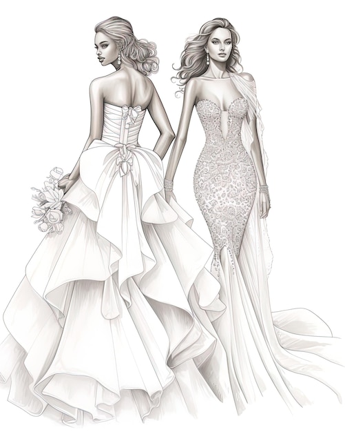 um esboço de uma noiva e seu vestido