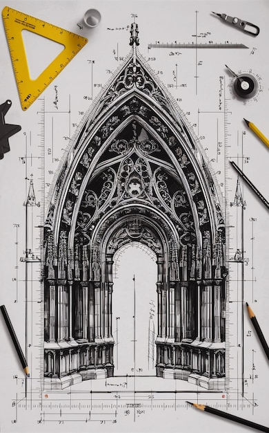 Um esboço detalhado de um elemento arquitetônico possivelmente parte de uma catedral gótica