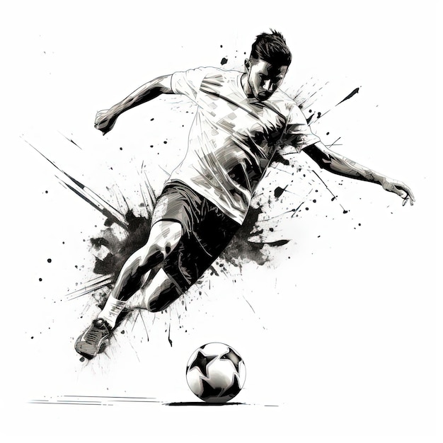 um esboço em preto e branco é de um jogador de futebol masculino chutando uma bola