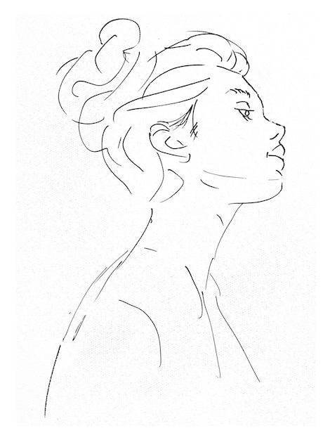Um esboço linear simples e desordenado de uma mulher com o cabelo em um pão e franjas laterais olhando para a ilustração desenhada à mão esquerda