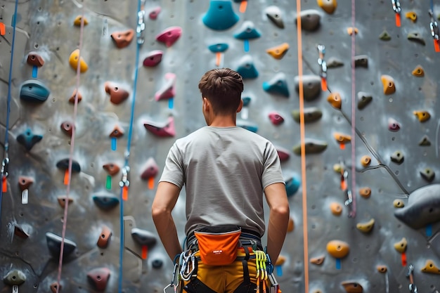 Foto um escalador masculino visto de trás de pé em frente a uma parede de treinamento conceito fotografia ao ar livre escalada em rocha parede de treinamento esporte escalada estilo de vida ativo