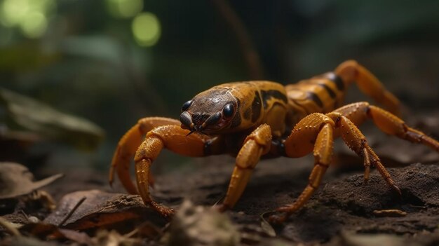 Um escorpião amarelo está em um tronco na selva.