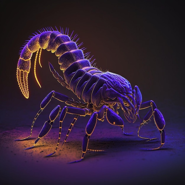 Um escorpião colorido é iluminado em um quarto escuro.