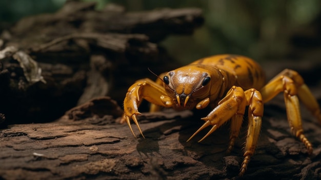 Um escorpião marrom e amarelo senta-se em um tronco.