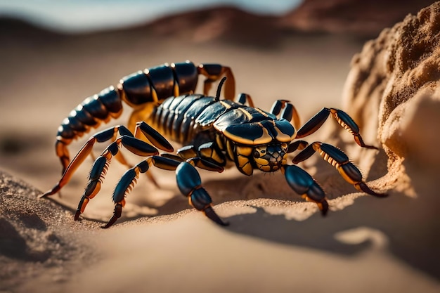 Um escorpião preto e amarelo está andando no deserto.