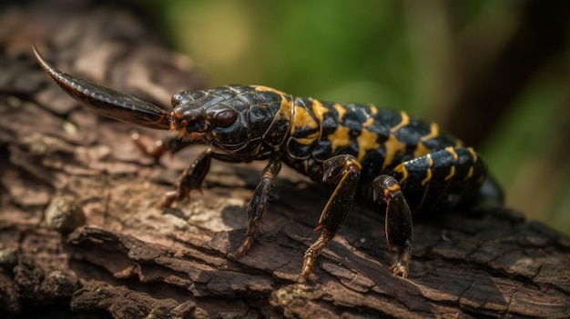 Um escorpião preto e amarelo senta-se em um galho.