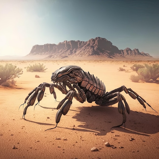 um escorpião que está num deserto com montanhas ao fundo
