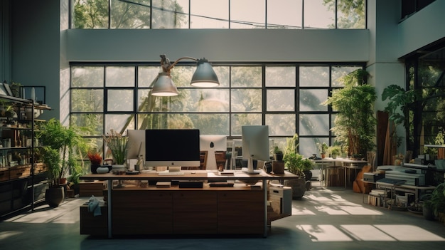Foto um escritório em casa com abundantes janelas e vegetação
