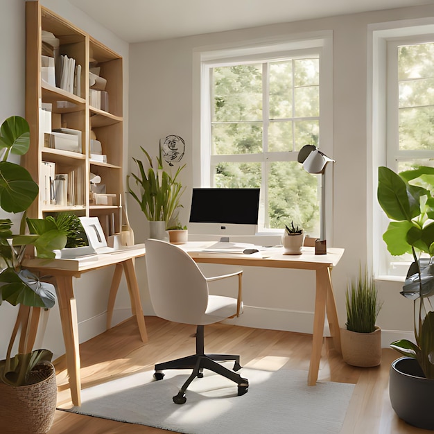 um escritório em casa com um computador e uma janela com uma planta no canto