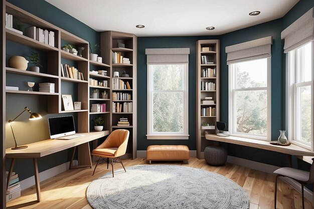 Um escritório em casa com uma estante em forma de hexágono e um canto de leitura aconchegante