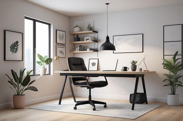 Um escritório em casa com uma mesa minimalista e uma luz pendurada