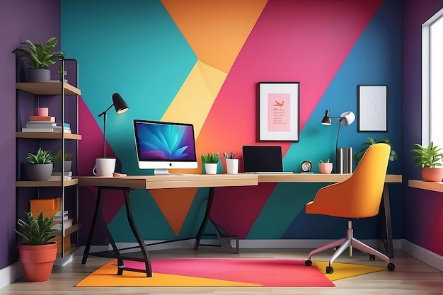 Um escritório em casa com uma mesa triangular e uma ilustração de vetor de parede de cor gradiente vibrante em estilo plano