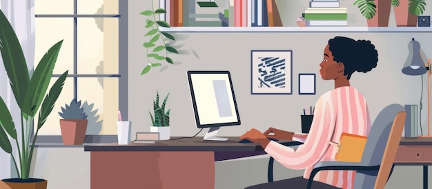 Um escritório em casa elegante onde uma mulher está trabalhando em um computador em um ambiente interior moderno AIG62