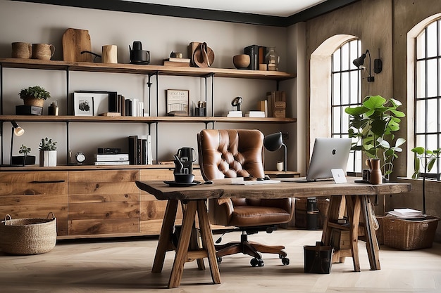 Um escritório em casa inspirado em uma atmosfera de café com móveis rústicos