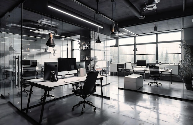 Um escritório moderno com paredes de vidro e mesas brancas