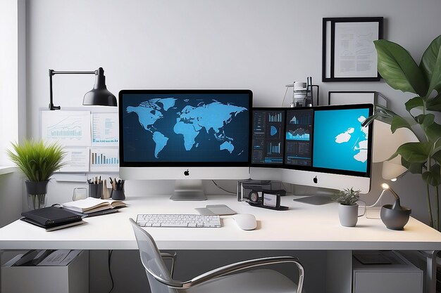 Foto um escritório moderno para freelancers ou empresários, cheio dos mais recentes aparelhos tecnológicos.