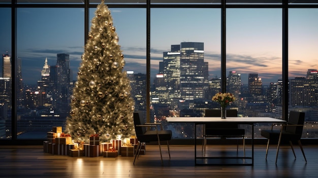 Um escritório moderno transforma-se num país das maravilhas festivo com uma árvore de Natal e uma vista magnífica sobre a cidade criando umas férias únicas