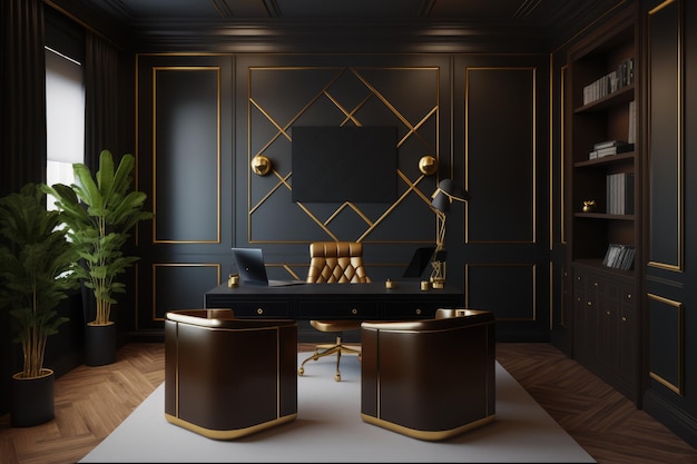 Um escritório preto e dourado com uma cadeira de couro e uma escrivaninha com uma luminária, ai generativa