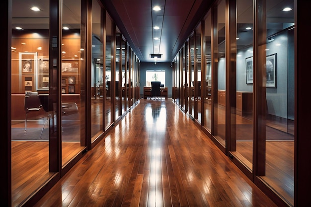 Um escritório tem vários pisos de madeira e painéis de parede de vidro