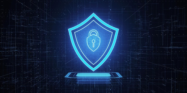 Um escudo digital com um ícone de cadeado representando o conceito de cibersegurança em um fundo azul futurista Renderização 3D