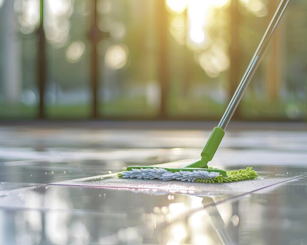 Foto um esfregão de limpeza de chão verde e branco está sendo usado para limpar o chão de telhas