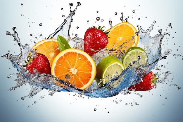 Um esguicho de água com frutas e bagas nele