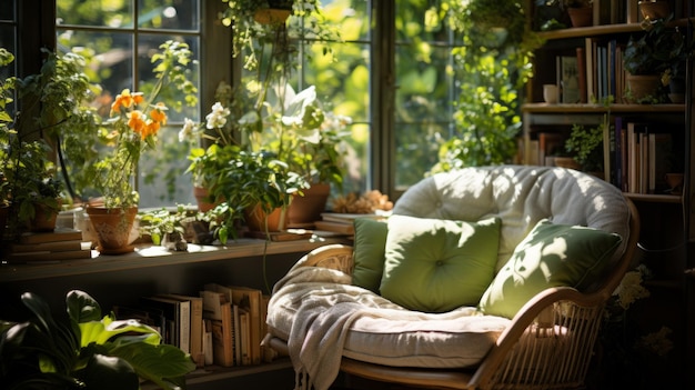 Um espaço aconchegante iluminado pelo sol com uma cadeira confortável, plantas e estantes de livros.