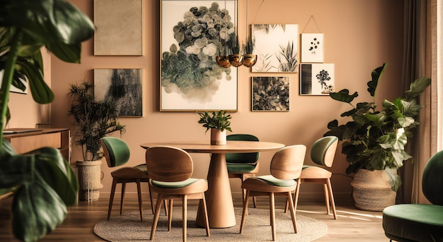 Um espaço com mesa cadeiras e vasos de plantas