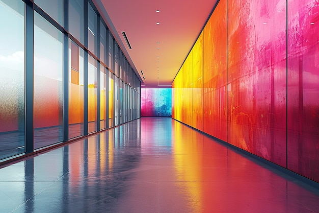 Um espaço de escritório moderno com arte abstrata brilhante adornando as paredes
