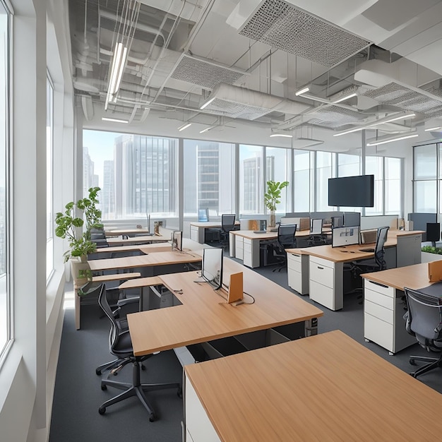 Um espaço de escritório moderno com mesas ergonômicas com detalhes vibrantes e luz natural gerada por IA