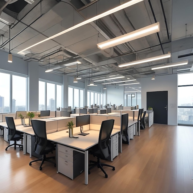 Um espaço de escritório moderno com mesas ergonômicas com detalhes vibrantes e luz natural gerada por IA