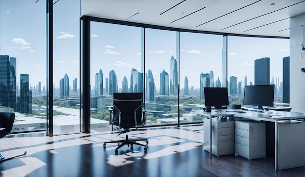 Um espaço de escritório moderno com vista panorâmica de um movimentado horizonte da cidade